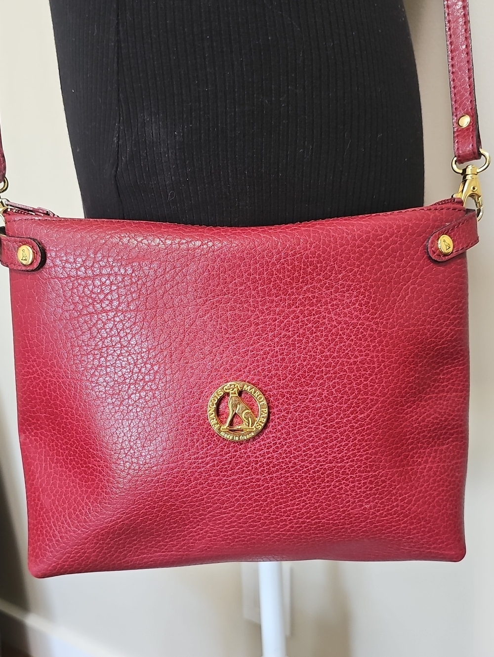 Pebbled Leather French Vintage Burgandy Red Crossbody with Gold Medallion